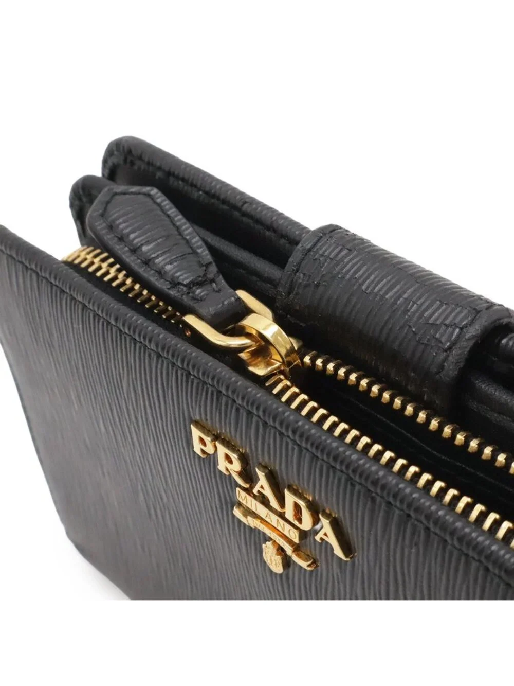 Prada Vitello Move Bifold Wallet L-shaped Zipper Leather Nero Black Gold
